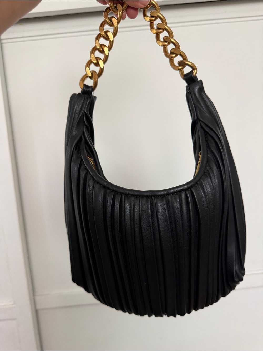 Madison West Black Pleated Shoulder Bag with Gold Chain